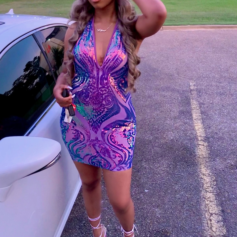 A purple holographic patterned dress from Fashion Nova